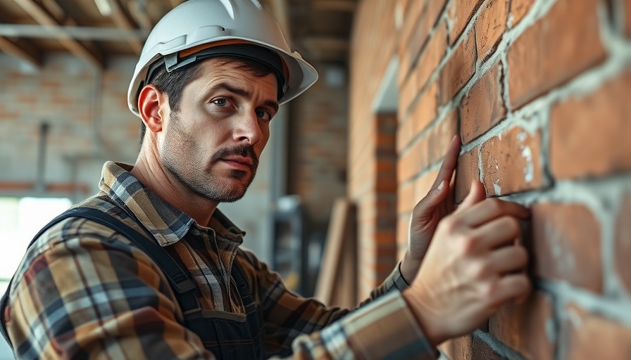 Florida disaster recovery plan construction worker repairs brick wall.