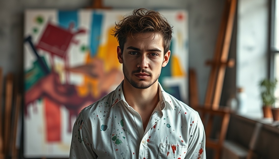 Artist in studio with paint-splattered shirt, focused look.