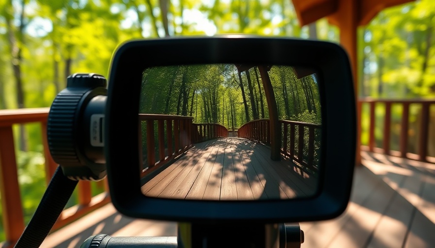Close-up of a viewfinder on a wooden deck in a forest setting.