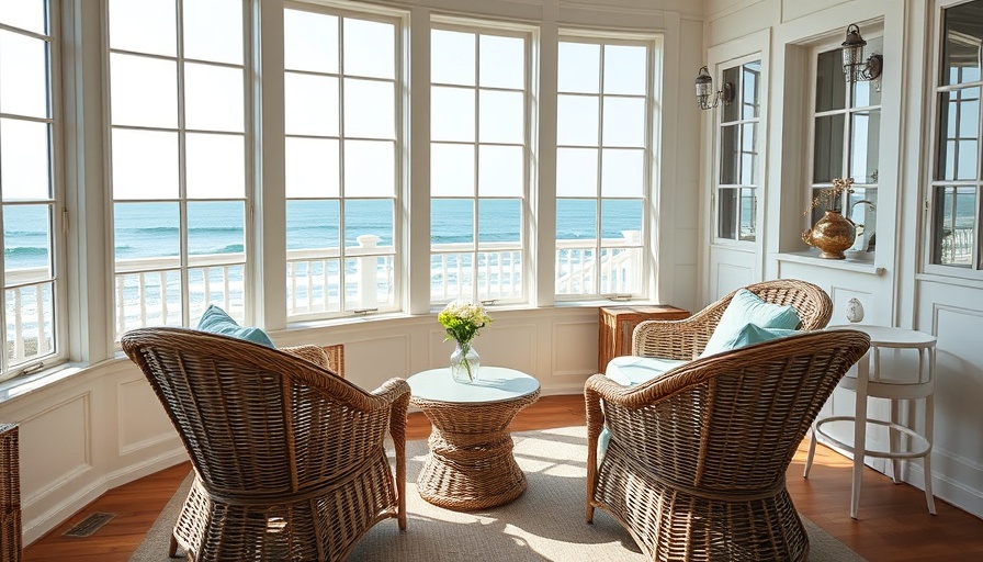 Cape Cod home interior with ocean view windows and wicker chairs.