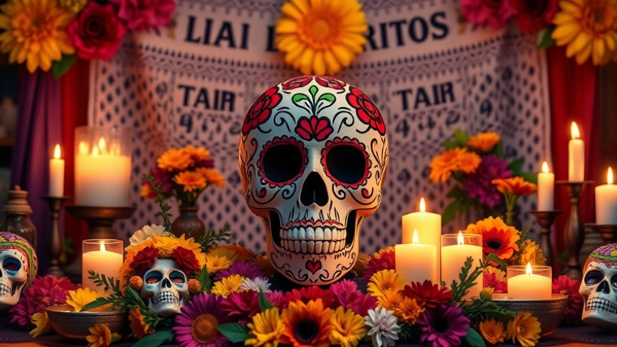 Día de los Muertos altar at Philadelphia Magic Gardens with colorful skull.