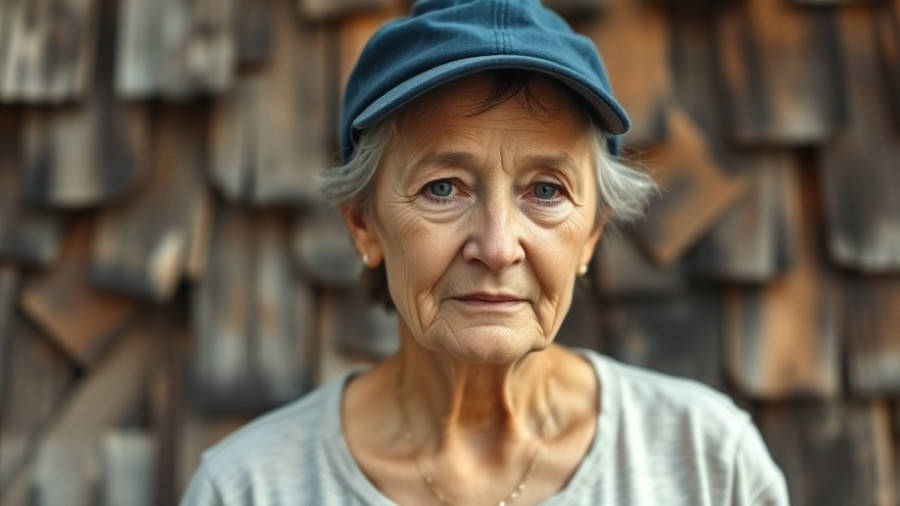 Middle-aged woman standing against rustic wooden shingles, calm expression.