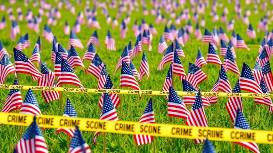 American flags field with crime scene tape symbolizing America political violence problem.