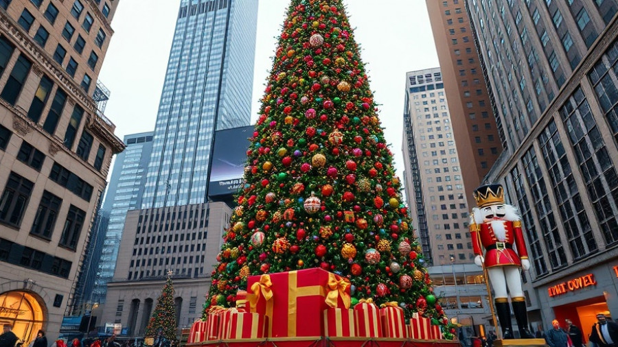 Festive Christmas tree in urban holiday setting.