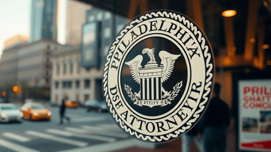 Philadelphia District Attorney emblem on glass, urban reflection.