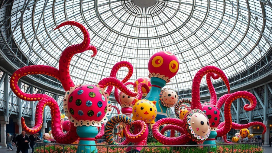 Whimsical display inspired by Takashi Murakami with colorful tentacles in a dome.