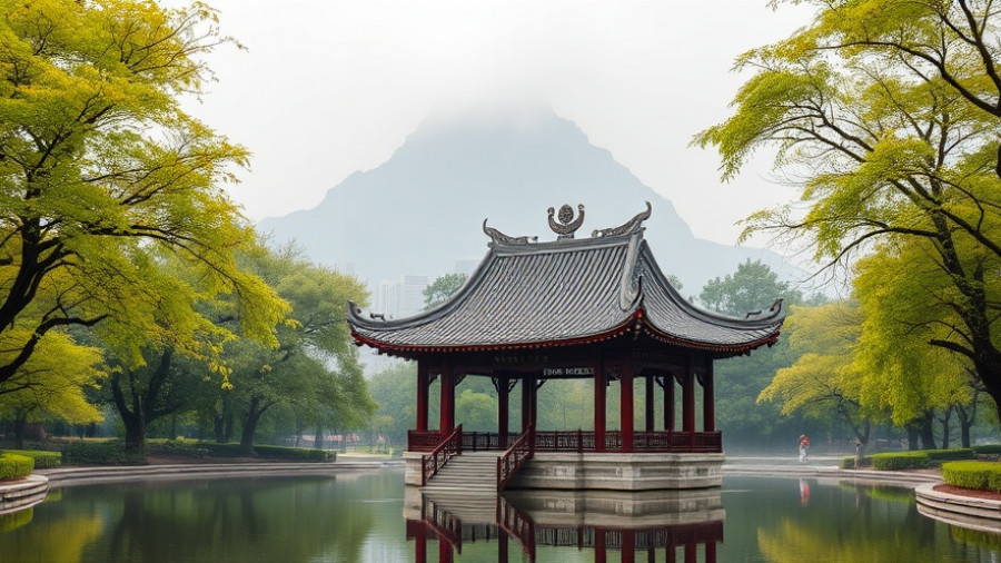 Serene park in Hong Kong with traditional pavilion and lush greenery.