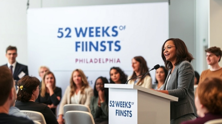 Speakers at 52 Weeks of Firsts Philadelphia event podium.