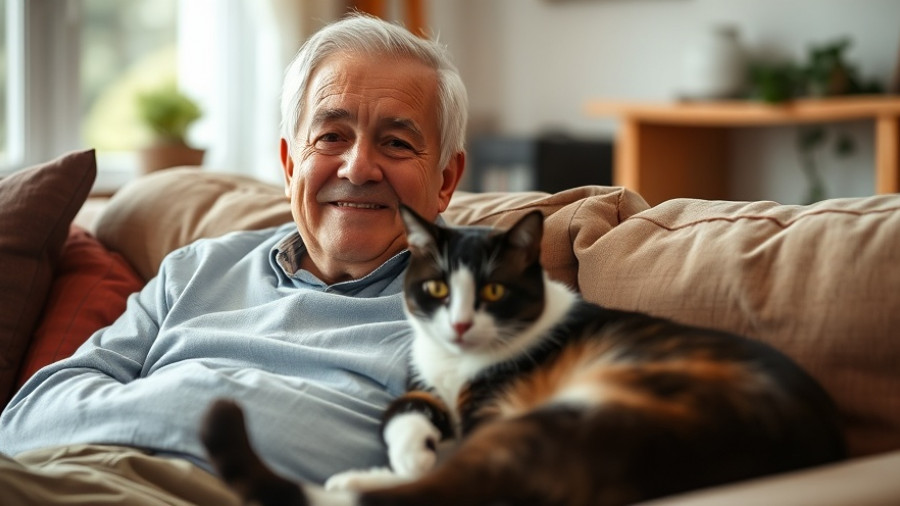 Elderly man resting with a cat in a cozy living room.