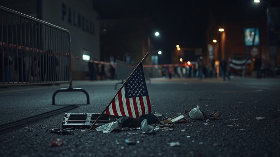 Political rally aftermath with American flag and debris, right's reckoning with extremism.