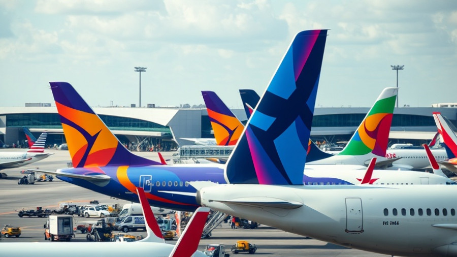 Airplane tail designs expressing vibrant graphics at an airport.