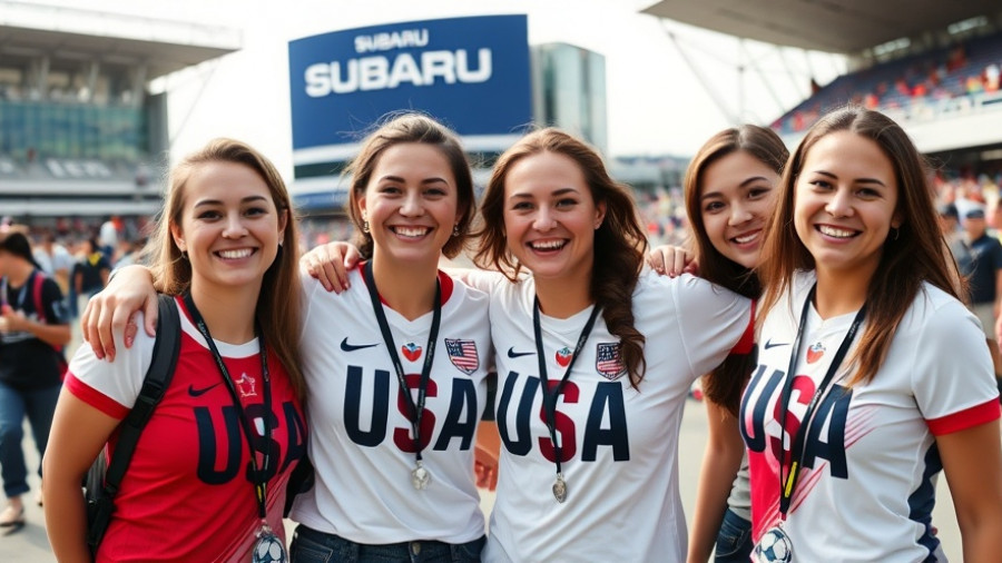 Fans in soccer gear smiling at Subaru Park event.