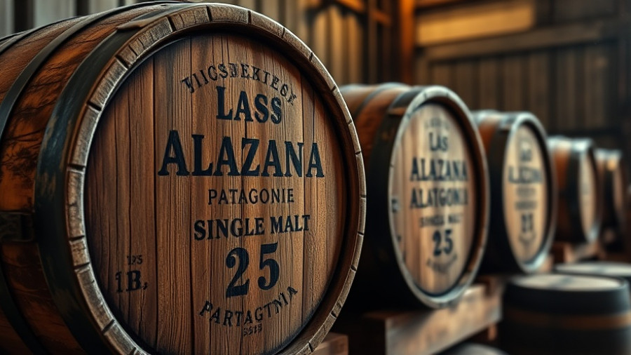 Aged wooden whisky barrels marked with La Alazana at Base Marambio.
