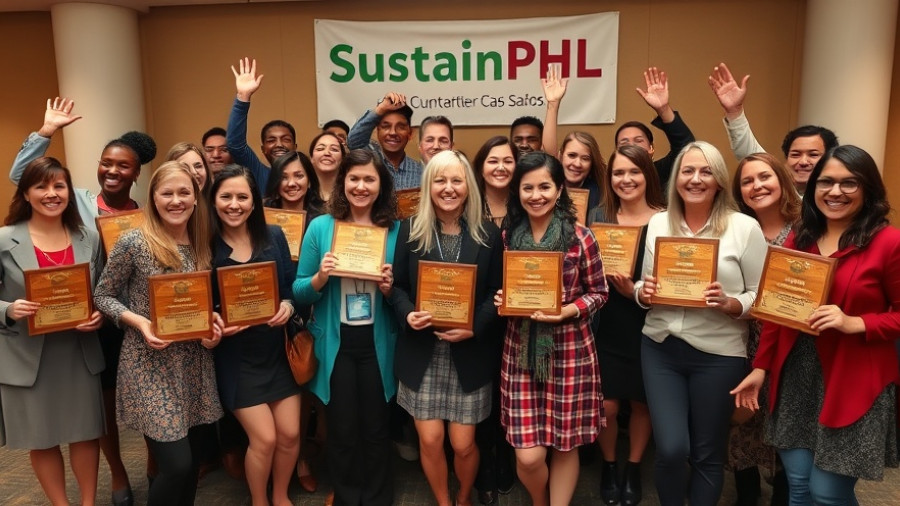 2025 SustainPHL Award Recipients celebrating with plaques.