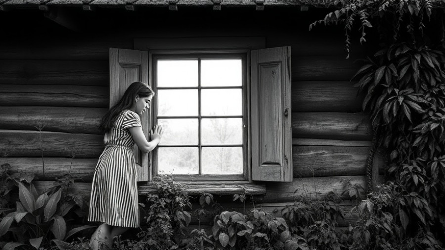 Woman in striped dress peering into an old wooden house, vintage black and white.