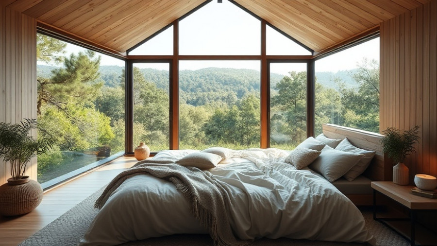 Modern Airbnb bedroom near New York City with large windows.