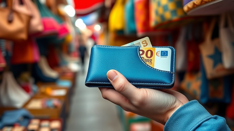 Person holding wallet with euros in a market, colorful bags in the background.