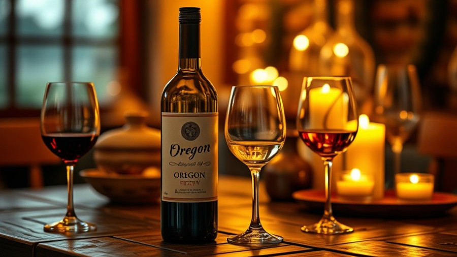Oregon wine bottle and glasses in warm candlelit setting, Burgundy influence.