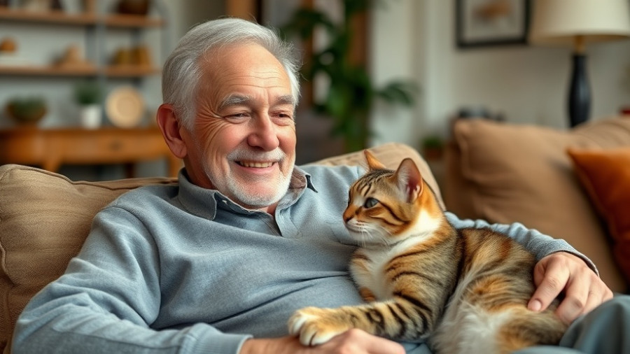 Elderly man with a cat in a cozy living room.