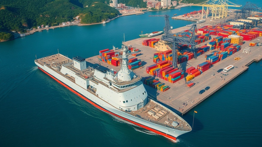 Naval ship at a bustling harbor with containers.
