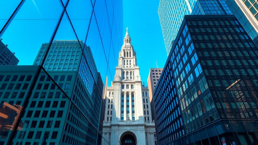 Abstract reflection of Philadelphia City Hall in glass windows.