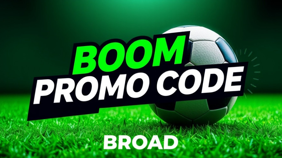 Football graphic with Boom Promo Code BROAD text on grass