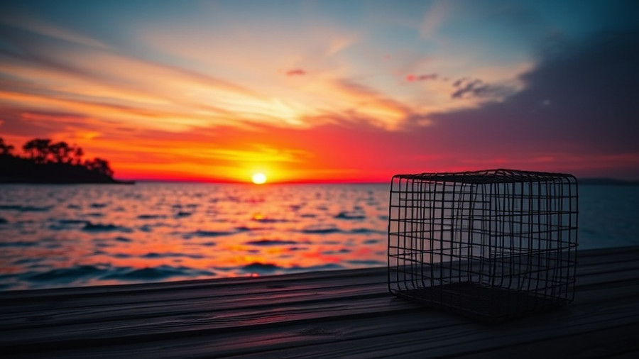 Vibrant October sunset over ocean with lobster trap