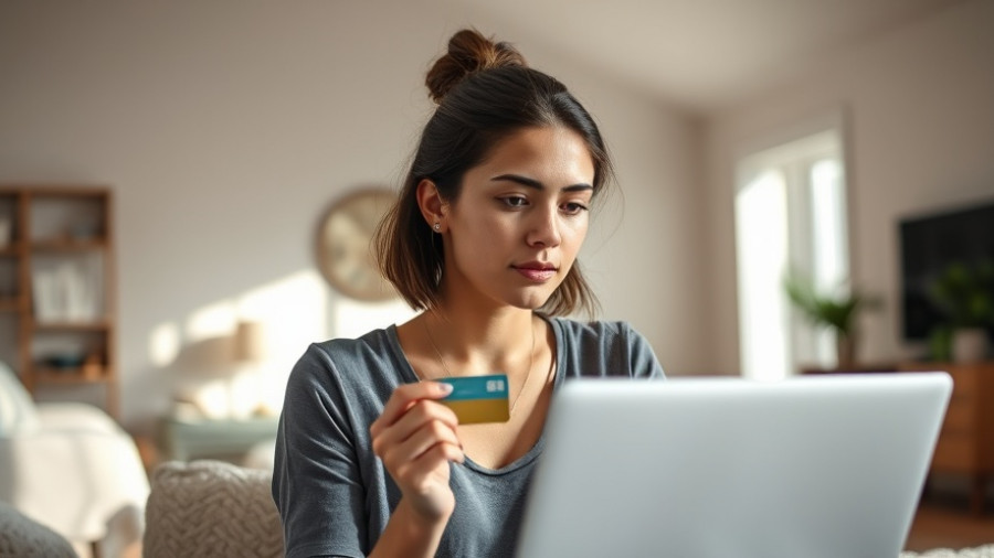 Young woman using laptop, holding credit card in modern home setting, exploring Hyatt Vacation Club promotions.