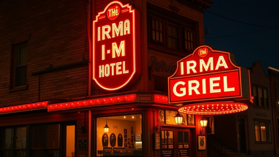 Buffalo Bill's Irma Hotel neon sign glowing at night.