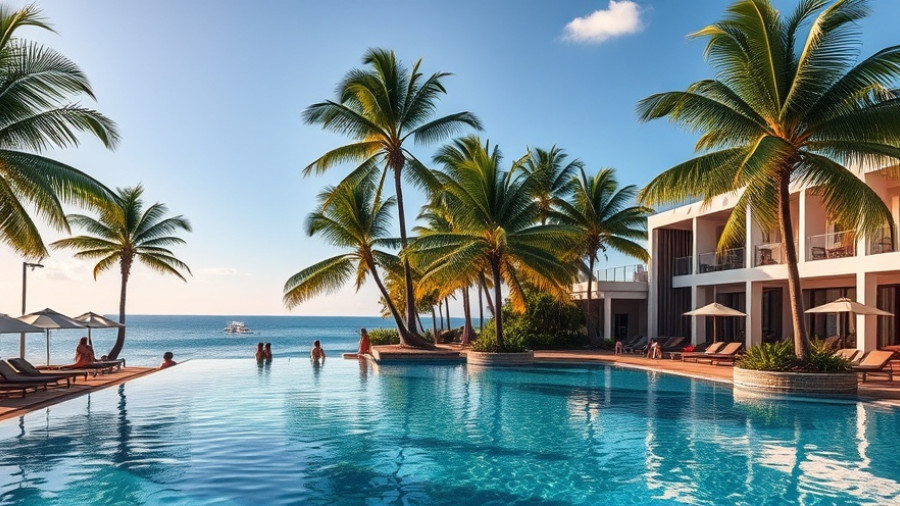 Luxurious resort poolside with palm trees and ocean view