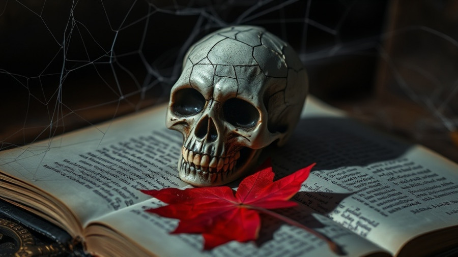 Eerie horror bookstore setting in Philadelphia with skull and book.