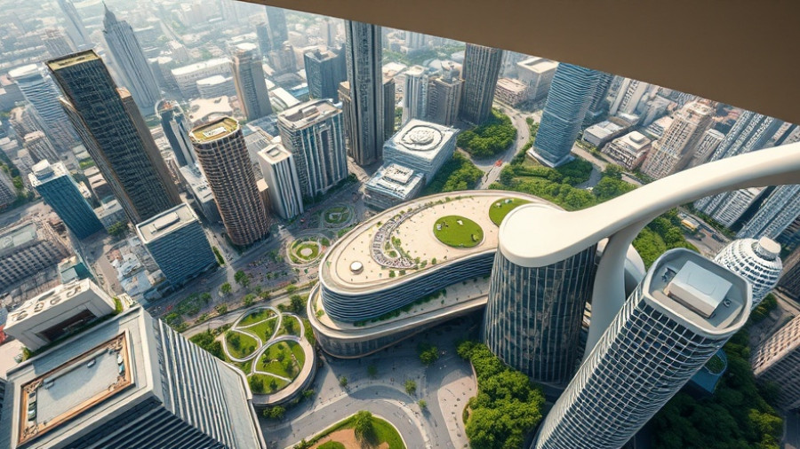 Aerial view of LACMA buildings in cityscape.