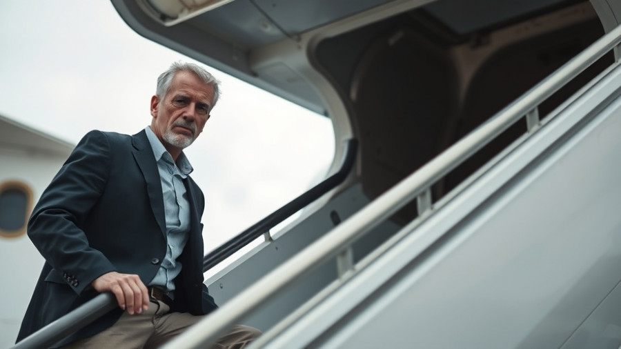 Trump Xi Summit Stakes: Individual descending airplane stairs.