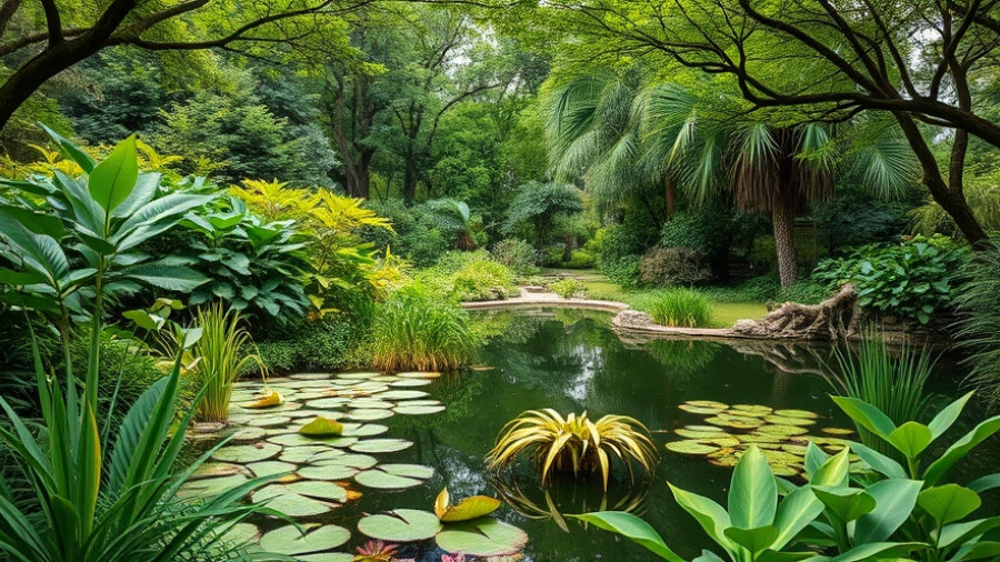 Lush botanical garden with serene pond, Chanel botanical curator.