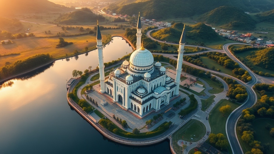 Aerial view of mosque in Malaysia at sunrise, highlighting stunning landscape.