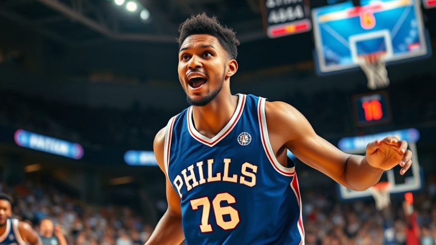 Philadelphia 76ers player energetically gesturing on court, looking intense.