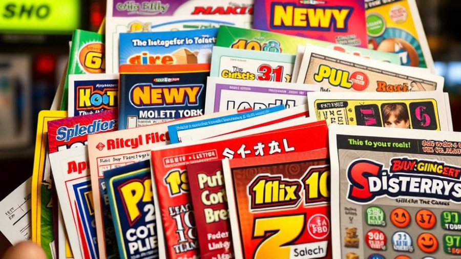 Close-up of various Pennsylvania lottery tickets in display.