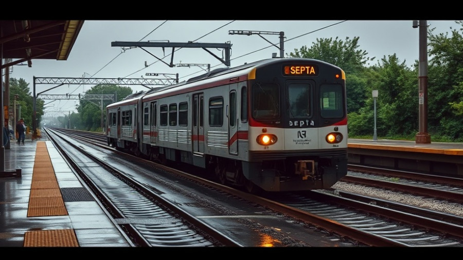 SEPTA Regional Rail inspections on a rainy day with glistening tracks.