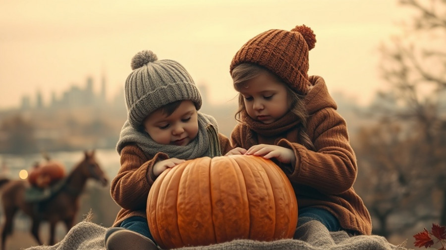 Vintage children carving pumpkin, city skyline, modern gentleman etiquette.