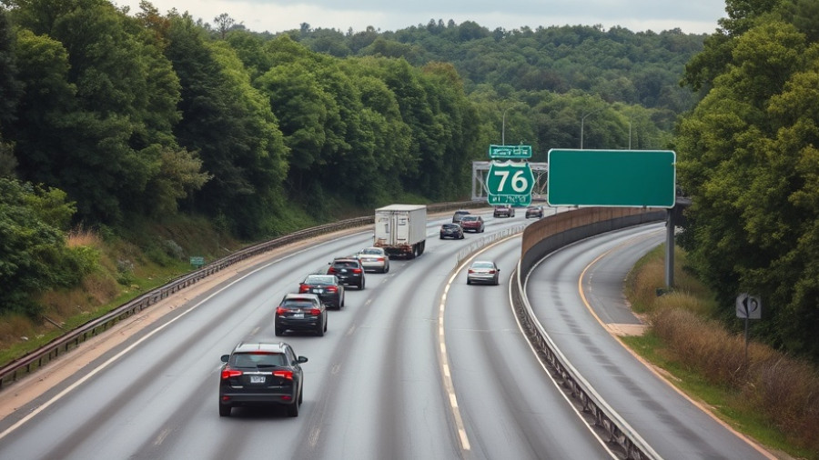 Traffic on I-76 highway with tree-lined surroundings