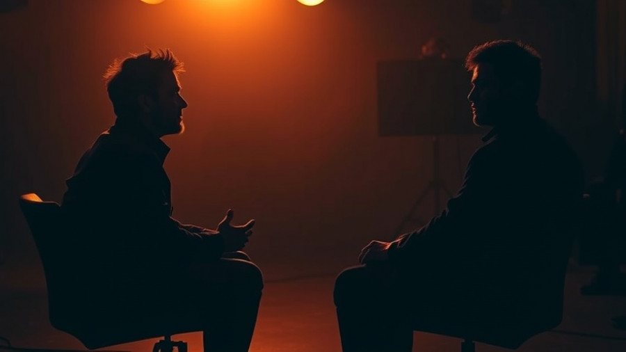 Silhouetted figures in an interview setting with dim lighting.