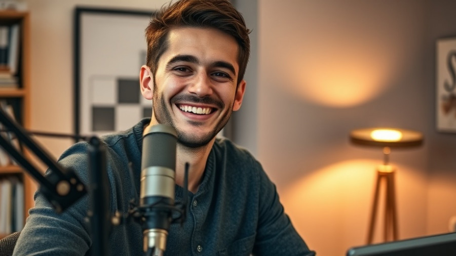 Young man podcasting in studio discussing testosterone and gender differences.