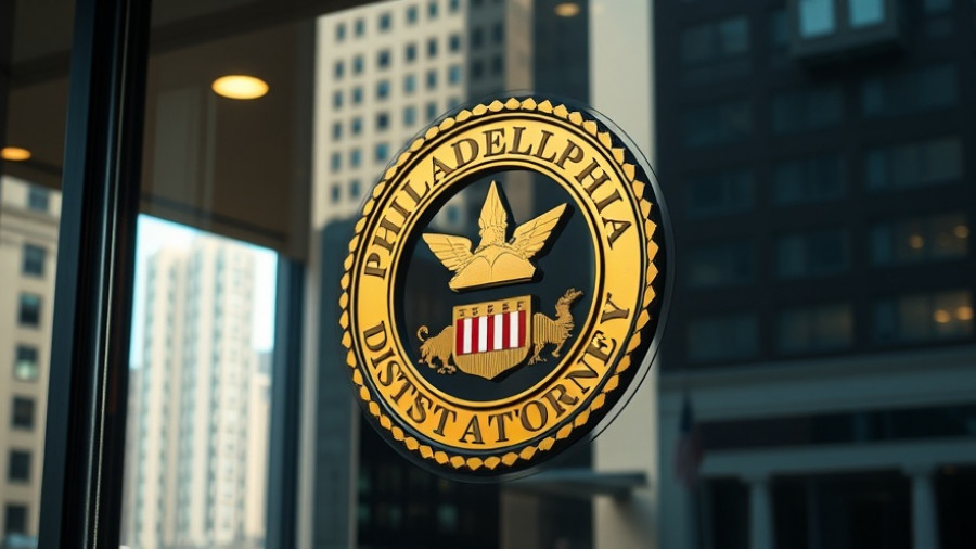 Philadelphia District Attorney emblem on glass reflects cityscape.