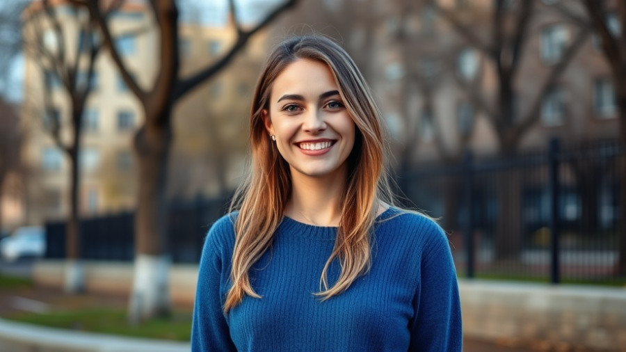 Smiling woman in blue sweater outdoors, Philly ASMR theme.