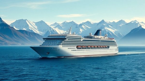 Princess Alaska cruisetours ship sailing in front of snow-covered mountains.