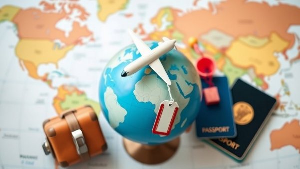 Modern travel icons over a world map, related to 15% Off Away Promo Code.