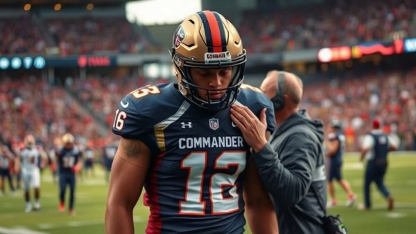 Washington Commanders player escorted off field, symbolizing season collapse, emotional scene.