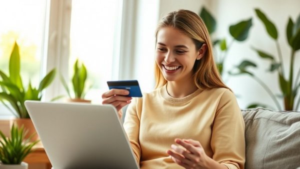 Smiling woman shopping online with laptop and credit card, best rewards credit cards 2025.