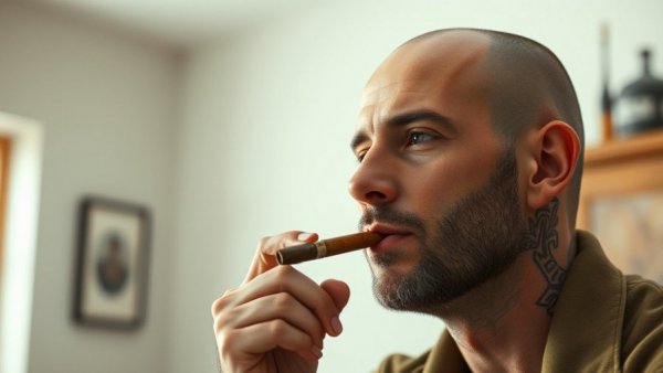 Person smoking cigar with face tattoo indoors, related to legal cannabis in Pennsylvania.