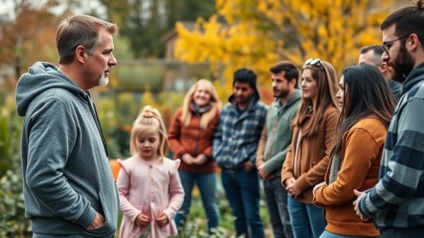 Community gathering in Kensington garden with speaker and listeners.